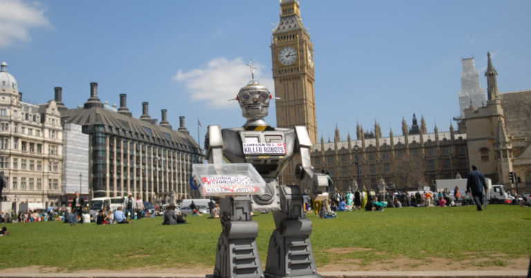 The campaign to stop killer robots mascot David Wreckham in parliament square.